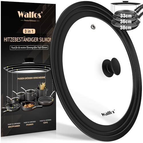 Walfos Coperchio universale per pentole, padelle e padelle, adatto per pentole da 33 cm, 36 cm e 38 cm di diametro, coperchio in vetro con bordo in silicone resistente al calore, colore nero