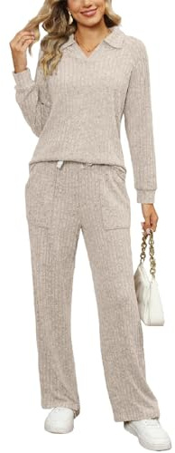 SotRong Ribbed Lounge Set Women Winter Warm Fluffy Fleece Pjs Two Piece Matching Outfit Casual Leisure Co Ords Sets V Neck Long Sleeve Pyjamas Beige M