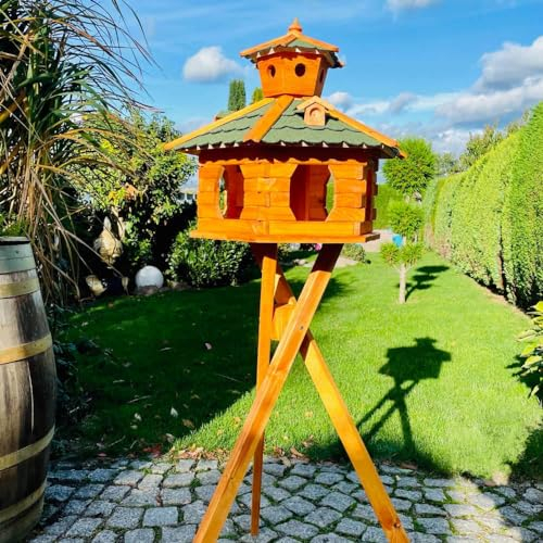DARLUX handgefertigtes Sechseck Vogelhaus aus Holz wetterfest M - XXL mit und ohne Ständer, Futterhaus, Futterhäuschen (Größe XXL mit Ständer, Grün - Braun)