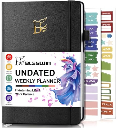 BLESWIN A5 Undatierter Terminplaner, Schwarz: Monats- & Wochenplaner mit Aufkleber-Tabs, Zeitmanagement & Produktivitätsplaner zur Verfolgung von Zielen & Aufgaben