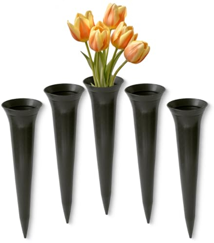 Grabvasen zum Stecken als frostsichere Grabdeko - Schmale Friedhofs-Vasen 5er in Grau als wetterfester Kunststoff Grabschmuck - Erdspieß Blumenvasen in 34 cm als schöne kleine Steckvasen