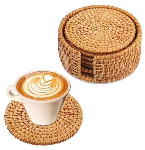 Dessous de Verre en rotin avec Support - Ensemble de 6 sous Verre, Tasses, Bar - Dessous de Verre Ronds en liège pour Boissons - Décoratifs