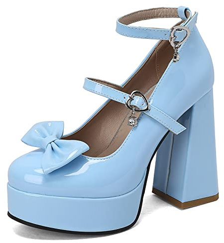 MJIASIAWA Lack Mary Jane Bowtie Damen Chunky Heel Pumps Mode Runde Zehen Knöchelriemchen Lovely Höhe Ferse Plateau Schuhe Blau Gr 40 EU/41 Asiatisch