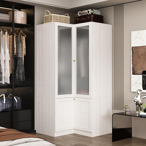 MOUMON 70.9 L-Shaped Corner Wardrobe with Frosted Glass Doors, Armoire Closet with Hanging Rod, Space-Saving, Light Oak 35.4”W x 35.4”D x 70.9”H