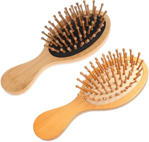 2 cepillos de viaje para el cabello, mini cepillo de bambú antiestático, cepillo de pelo de bambú, cepillo de masaje para cuero cabelludo, mini cepillo de pelo de madera natural de bolsillo, cepillos