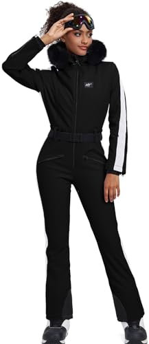 HOTIAN Damen Skianzug Einteiler Skioverall Winter Warme Damen Schneeanzug Wasserdicht Winddicht skibekleidung Schneeoverall Jumpsuit Mit Kapuze Black XS
