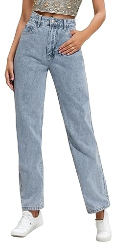 Jean Femme Taille Haute Jambe Large Straight Jeans Regualr Coupe Droite Amincissant décontracté Pantalon Jeans Slim fit Coupe Boyfriend Hanche Jean mom Femme Petite Skinny Tendance (Light Blue, S)