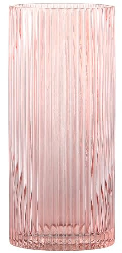 KAYLETIN Vase en verre rose pour fleurs, vases en verre nervuré, vase à fleurs roses, grands vases cylindriques pour salon, table à manger, mariage, bibliothèque, bureau, 25 cm