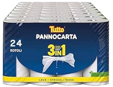 Tutto Pannocarta 3 in 1, 24 Rotoli di Carta Multiuso, 1 Velo, 48* strappi, Extra Assorbente, Lavabile e Riutilizzabile più di 20 Volte, 100% Made in Italy