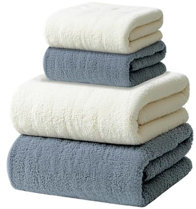 Jokureao 4Pcs Microfiber Bath Towel Set, Super Soft & Fluffy Bath Towels with 2 Small Towels, 75 * 140cm Quick Dry Extra Soft Large Bath Towel for Sport, Travel, Vacation, Fitness(Gray + White)