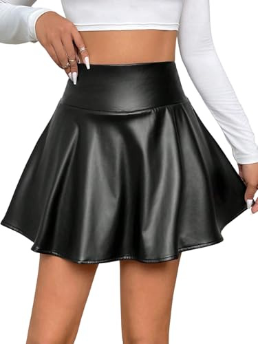 GORGLITTER Falda de mujer de verano falda de cuero de cintura alta, minifalda de piel sintética de verano, falda corta plisada, falda acampanada, falda con cremallera, mini falda, Negro , XL
