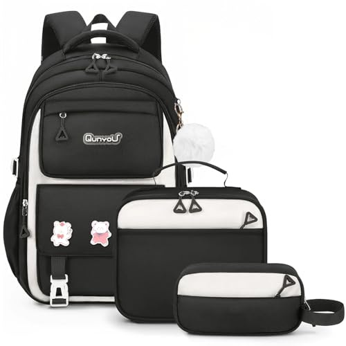 Amythe Set skolryggsäck flicka 3. till 7. Klasse, 2025 skolväska med lunchväska pennfodral för skolresor för 15,6 tum Laptop YTK6858, svart, 32 x 16.5 x 43 cm, ryggsäck ryggsäckar