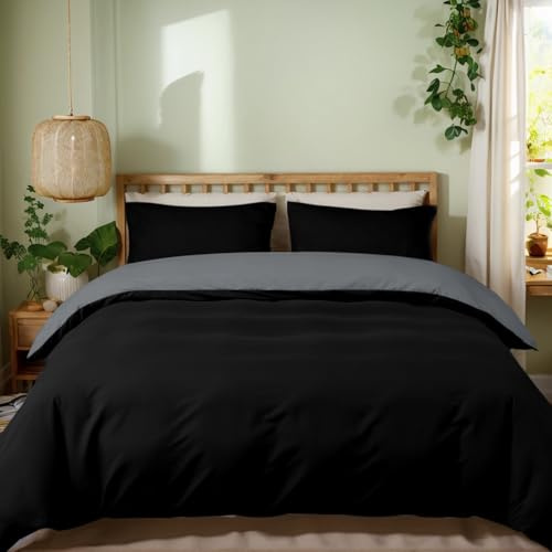 MIKI WELL Super King Duvet Cover Set - 3Pcs Reversible Superking Bedding Set Black and Grey, Soft Microfiber Quilt Cover with 2 Pillowcases 50x75cm
