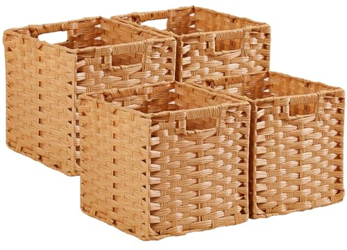 SOCOHOME Caja de almacenamiento en forma de cubo, 25 x 25 x 25 cm, cesta de almacenamiento de ratán sintético para juguetes, estantes, guarderías, armarios, impermeables, no mohosas (beige, paquete de