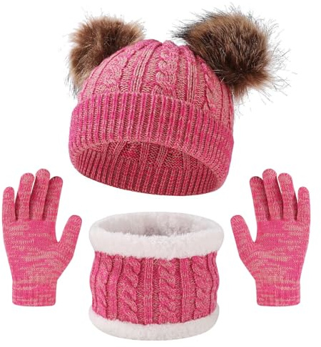 FOSDICK Ensemble Bonnet Echarpe Gants 3 en 1 pour Fille 2-4 Ans - Set Hiver Chaud en Polyester Rose avec Doublure Anti-Vent pour Enfants - Accessoires Protection Thermique Capuche Echarpe Moufles