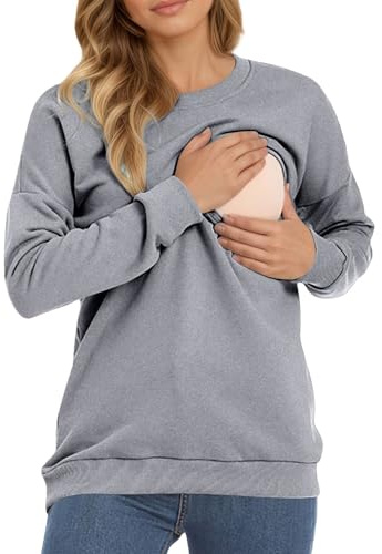Camiseta Lactancia Blusa de Maternidad Elegante de Manga Larga para una Lactancia cómoda Top Holgado Ropa Informal para (Grey M)