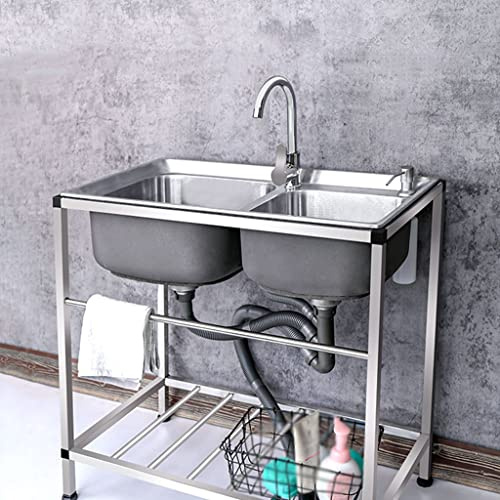 KUYBTU Commercial Restaurant Sink, Kitchen Sink, Stainless Steel Double Sink Kitchen Basin with Stand, Home Simple Laundry Sink with Faucet,for Laundry, Backyard, Garage-A-75×40cm