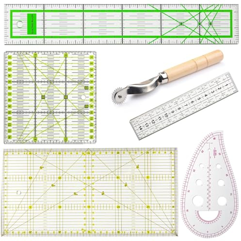 Set di 6 righelli per patchwork, accessori da cucito, diverse misure, 3 x 15/5 x 30/15 x 15/15 x 30 cm, con righello curvo francese, rotelle, pratici accessori da cucito per tessuti e artigianato