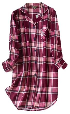 CHUNG Chemise de nuit à manches longues boutonnée pour femme - Chemise de nuit à carreaux - Motif tartan - Flanelle et coton, XXL
