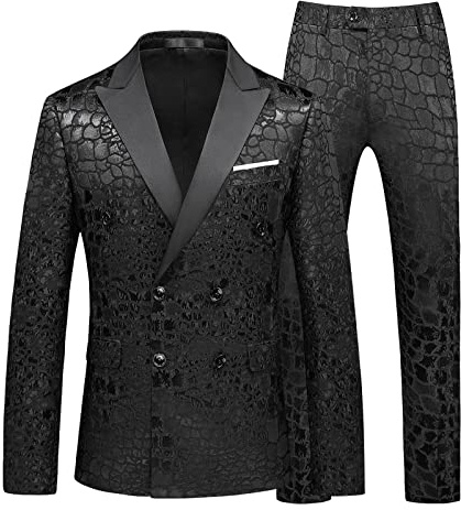 MOGU Mens 2 Piece Double Breasted Suit Jacquard Slim Fit Formal Groomsmen Wedding Party Black Tuxedo Jacket 42 and Pants 38 Black
