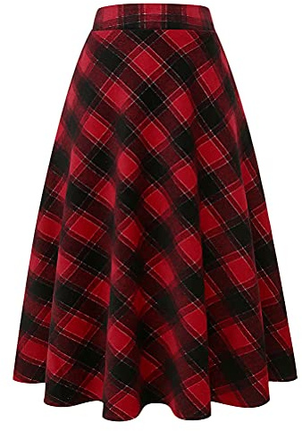 Lång rutig ullkjol för kvinnor vinter höst varm hög elastisk midja En linje utsvängd veckad ull tartan kjolar