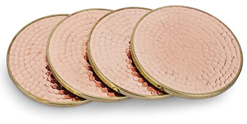 Ajuny Posavasos Redondos de Cobre, Latón y Madera (Juego de 4) – Posavasos Martillados para Bebidas, Tazas de Café y Cerveza, Protección de Mesa y Decoración para Hogar y Cocina