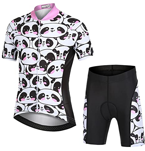 Amur Leopard Kinder Fahrrad Trikot Set Jungen Mädchen (Kurzarm Trikot & Kurz Radhose mit 3D Sitzpolster) Atmungsaktiv Radsport Bekleidung, Eine Gruppe Pandas, 122-128(Herstellergröße: L)