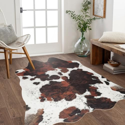Alfombra de cuero vacuno de alta calidad con estampado de vaca de 6.2 x 5.2 pies, alfombras grandes para sala de estar, dormitorio, comedor, alfombra de piel de vaca sintética, alfombra moderna de
