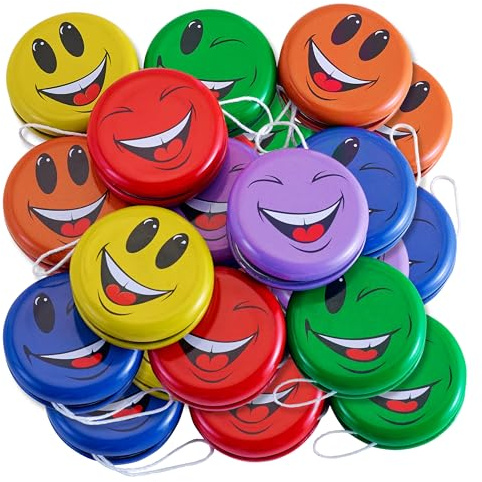 Playbees Metal Smiley Faces YoYos - Set of 12 - 2 Inch for Kids - Assorted Colors Emoticon - Bulk for Beginners, Ideal for Party Favors, Party Bag Collection, Birthday, Giveaways