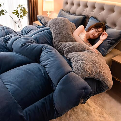 Warme Kaschmirdecke, Winterdecke aus Lammwolle, Flauschige, mit Wolle gefüllte Bettdecke, schön warm in kalten Nächten, blau, 180 x 220 cm/3,5 kg