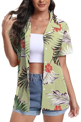 YUNDAI Womens Hawaiian Shirts Short Sleeve Button Down Soft Cool Floral Tropic Print V Neck Summer Beach Tops T-Shirt, 2X-Large Pink Flower Green