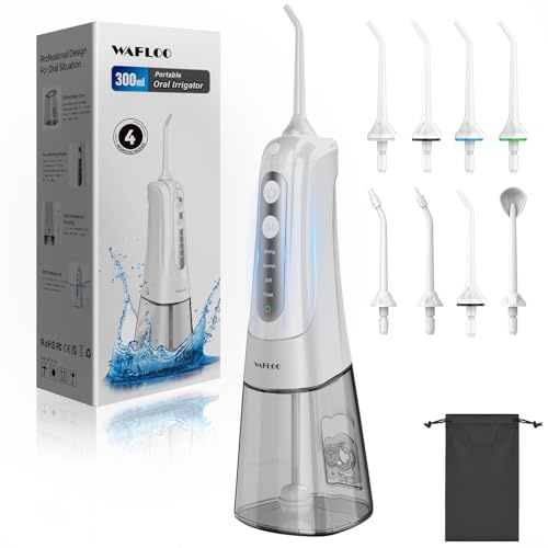 WAFLOO Water Flosser for Teeth Cordless: Oral Irrigator 8 Jet Tips 4 Modes Portable, 300ML Tank USB Rechargeable IPX7 Waterproof Water Flossing for Adults Teeth Cleaning Home and Travel