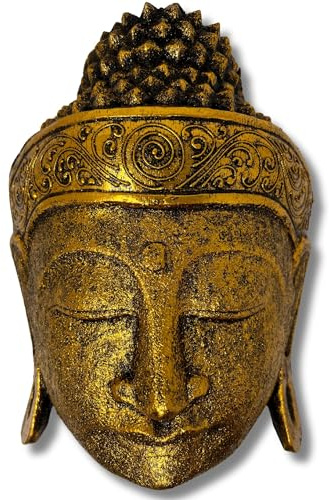 Trintura Decoración de pared, máscara de Buda, cabeza de estatua, color dorado, negro, madera, accesorio para el hogar, 30 cm