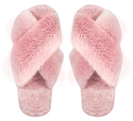 Pantuflas de casa esponjosas para mujer, con banda cruzada, puntera abierta, forro polar de felpa suave, antideslizantes, para interiores