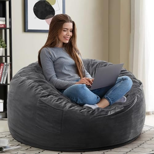 Kromax 4 FT Bean Bag Chair for Adults, Teens, or Kids, Adult Size Beanbag Chair, Luxurious Memory Foam Filling, Washable Velvet Cover, Perfect for Living Room, Den, Bedroom, or Dorm, Dark Grey