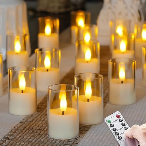 Zevanor Flameless D: 1.7 H: 2.5 Small Tea Light LED Candles, Acrylic Battery Operated Votive with Remote Control and Timer, Tealight White Flickering Warm Light Pack of 15 Electric Long Lasting
