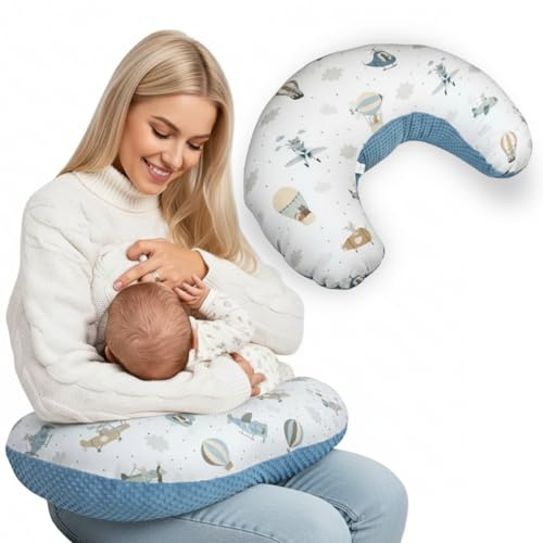 Pirinins Cojin Blando Bebe,100% Algodon Organico,Almohada para bebé, Lactancia, Cojin Baby en Forma de U, Suave,Hipoalergenico, Transpirable, Industria España (Globos)