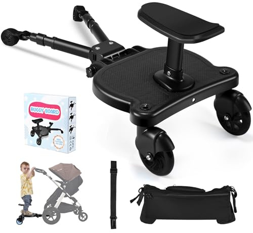 JoyCushy Pedana Passeggino Universale con Sedile, Tavolette Portatili per Passeggini con Borsa, Design Stabile a due Ruote, con Cinghia di Sospensione, per Bambini da 2 a 6 An (25 kg)