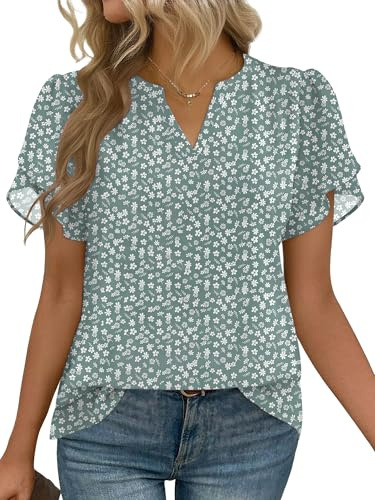 Zeagoo Womens Dressy Casual Shirts Flutter Sleeve V Neck Work Blouse Business Casual Summer Chiffon Tops Green Floral