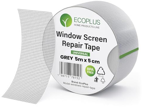 ECOPLUS Nastro Ripara Zanzariere in Fibra di Vetro – Nastro Adesivo per Zanzariera Rotta, Riparazione Rete Finestra e Porta – Resistente, Facile da Applicare – 5m/10m Nero/Grigio (Grigio, 5 Metri)