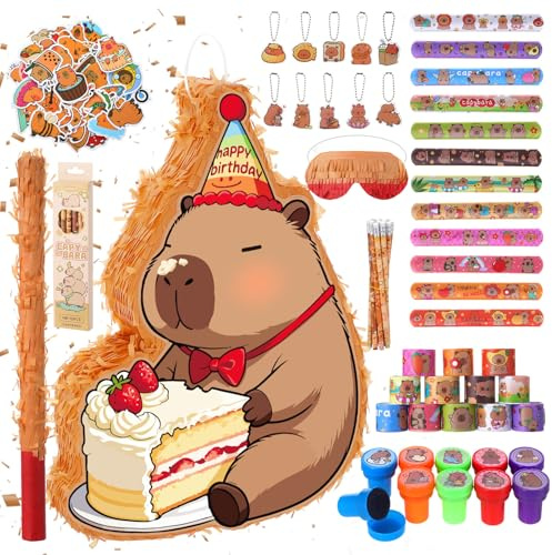 Camptrip Piñata de cumpleaños con varilla y máscara para niñas y niños, juego de piñata con 96 rellenos, piña para fiestas infantiles para colgar, piñata como decoración de fiesta en 43 x 31 x 7 cm