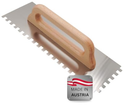 WERKFIT Kompakt Glättekelle 380 mm – Profi Zahnkelle aus rostfreiem Edelstahl mit Buchenholzgriff – Glatt & Zahnungen E3–E15 – Handliche 1- oder 2-Hand Kelle für Fliesenleger & Handwerker (E10)