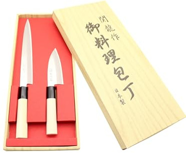 Cocktail7 Set di 2 coltelli tradizionali giapponesi speciali pesci, set di coltelli Sashimi Yanagiba 21 cm + coltello mini deba 10,5 cm, lama in acciaio inossidabile 420J2, Mitre in nylon, made in