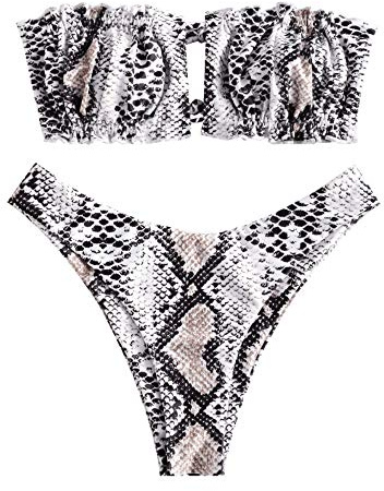 ZAFUL Ensemble bikini pour femme, bandeau sans bretelles avec cordon de serrage et maillot de bain uni avec rouches - - S