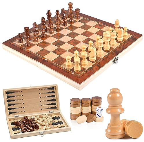 Qooloo Schachspiel aus Holz, 3 In 1 Schach, Dame, Backgammon, Schachbrett Klappbar, Schachbrett Holz Hochwertig Abschließbarer Koffer, Chess Set für Kinder Erwachsene Party Reisen, 29 x 29 cm
