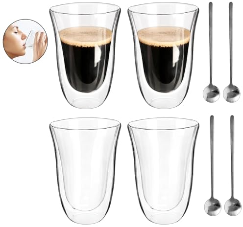 SAEIV Latte Macchiato Gläser 4x250ml - Doppelwandige Kaffeegläser aus Borosilikatglas, Cappuccino Tassen, Doppelwandige Kaffeegläser, Thermogläser für Cappuccino und Teegläser Die doppelwandigen