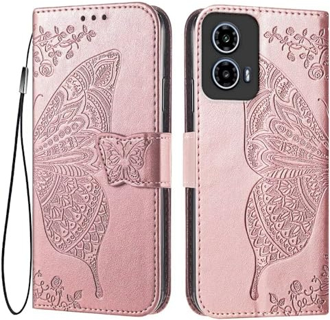 EASSGU Fodral för Motorola Moto G34 (6,5 tum) Flip Folio Magnetiskt Mobilskal Läder Med 3 Kortplatser 1 Plånbok, Fodral - Rose Gold