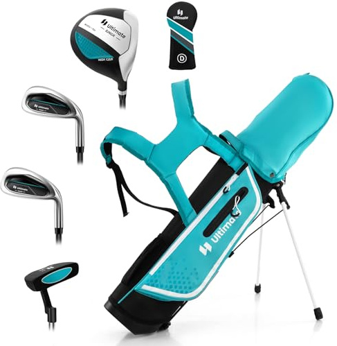 GYMAX Komplettes Golfschläger Set, Komplettsatz mit Golftasche & Regenhaube, inkl. 1 Driver, 7er-Eisen, S-Eisen & Putter, Golf Set für Kinder 8–10 Jahren(Blau)