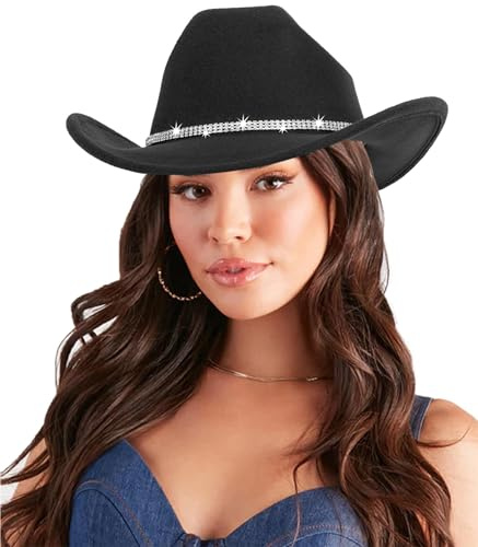 Sombrero de mujer con strass occidental de estilo vaquero - Sombrero de vaqueras vintage de ala ancha con diamantes para fiesta de música disco M/L, Negro, Medium