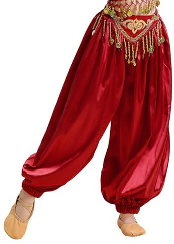YOOJIA Mädchen Bauchtanz Haremshose Arabisch Hose Pailletten Glänzend Lose Bauchtanz Kostüm Pumphose für Bauchtanz Yoga Pilates Party Performance B Burgund 134-140
